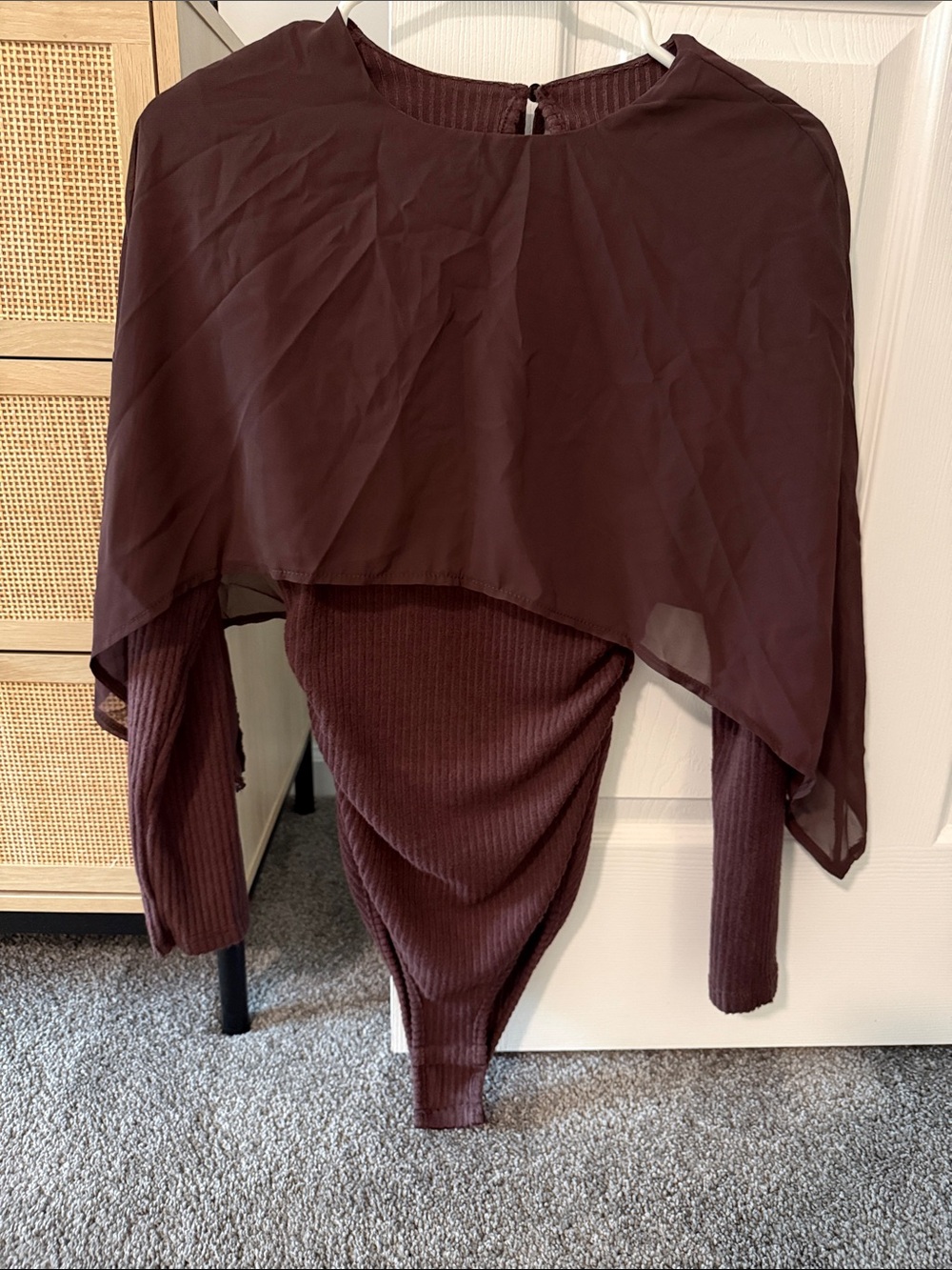 Womens Brown Long-Sleeve Layered Bodysuit Skirt